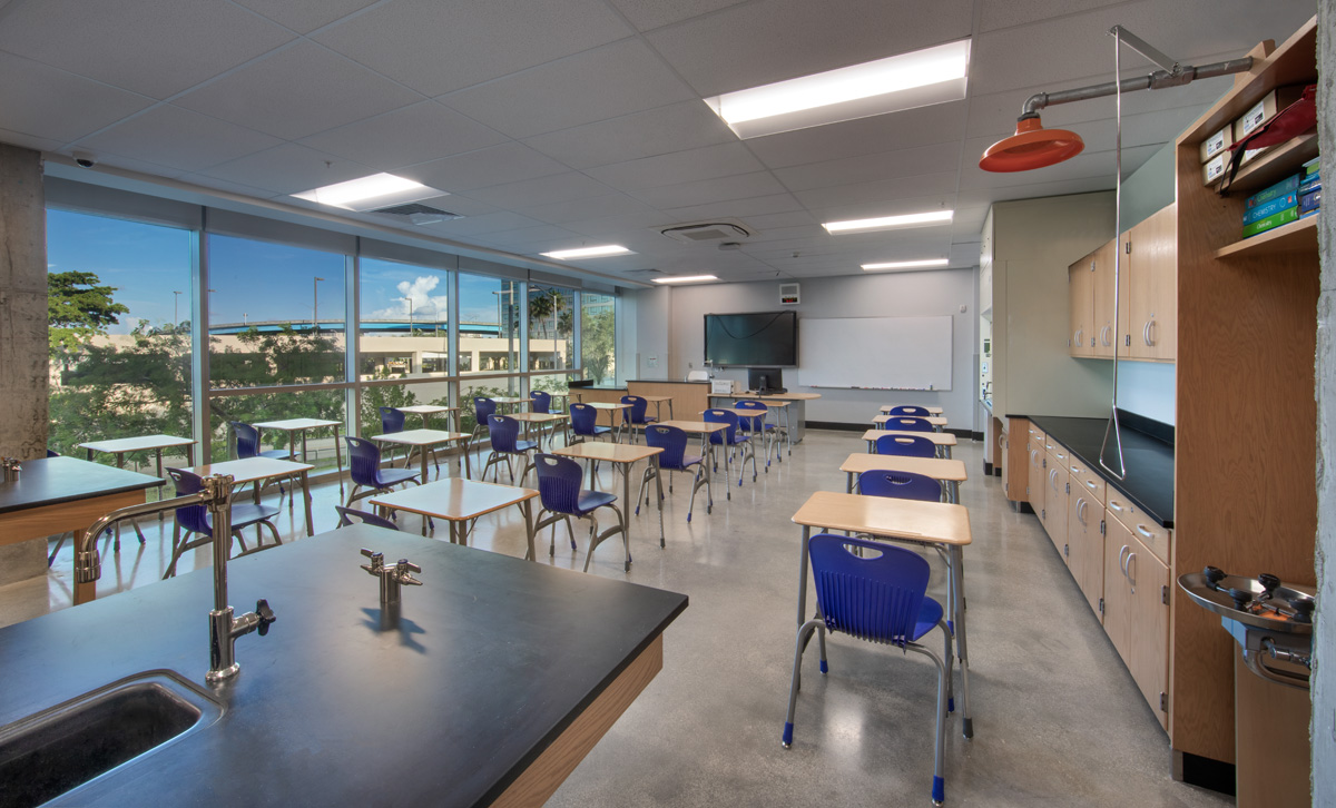Interior design view of a science classroom at the Mater Academy stem charter high school in Miami, FL 